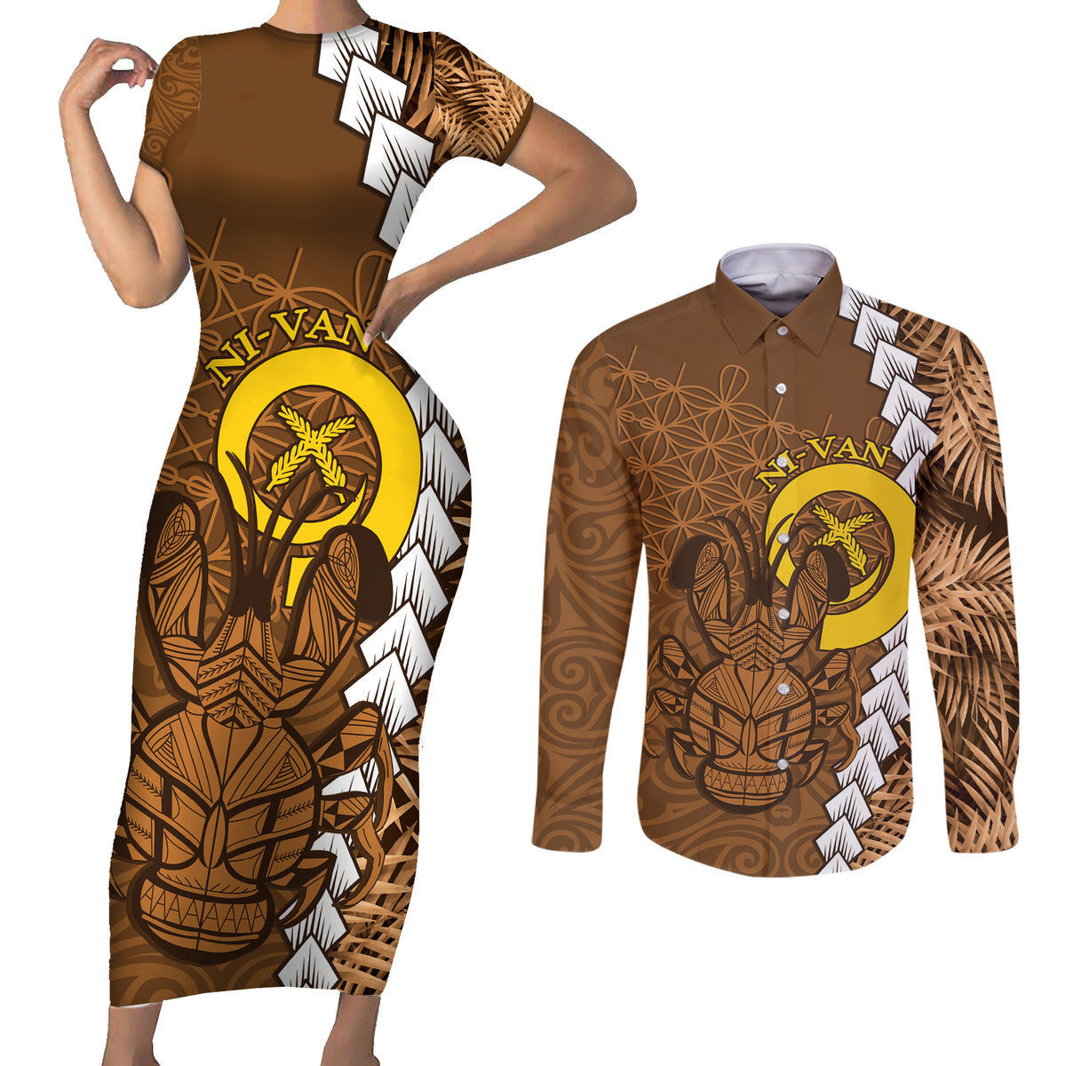 Vanuatu Coconut Crab Couples Matching Short Sleeve Bodycon Dress and Long Sleeve Button Shirt Ni-Van Tropical Leaves With Sand Drawing Art LT14 Brown - Polynesian Pride