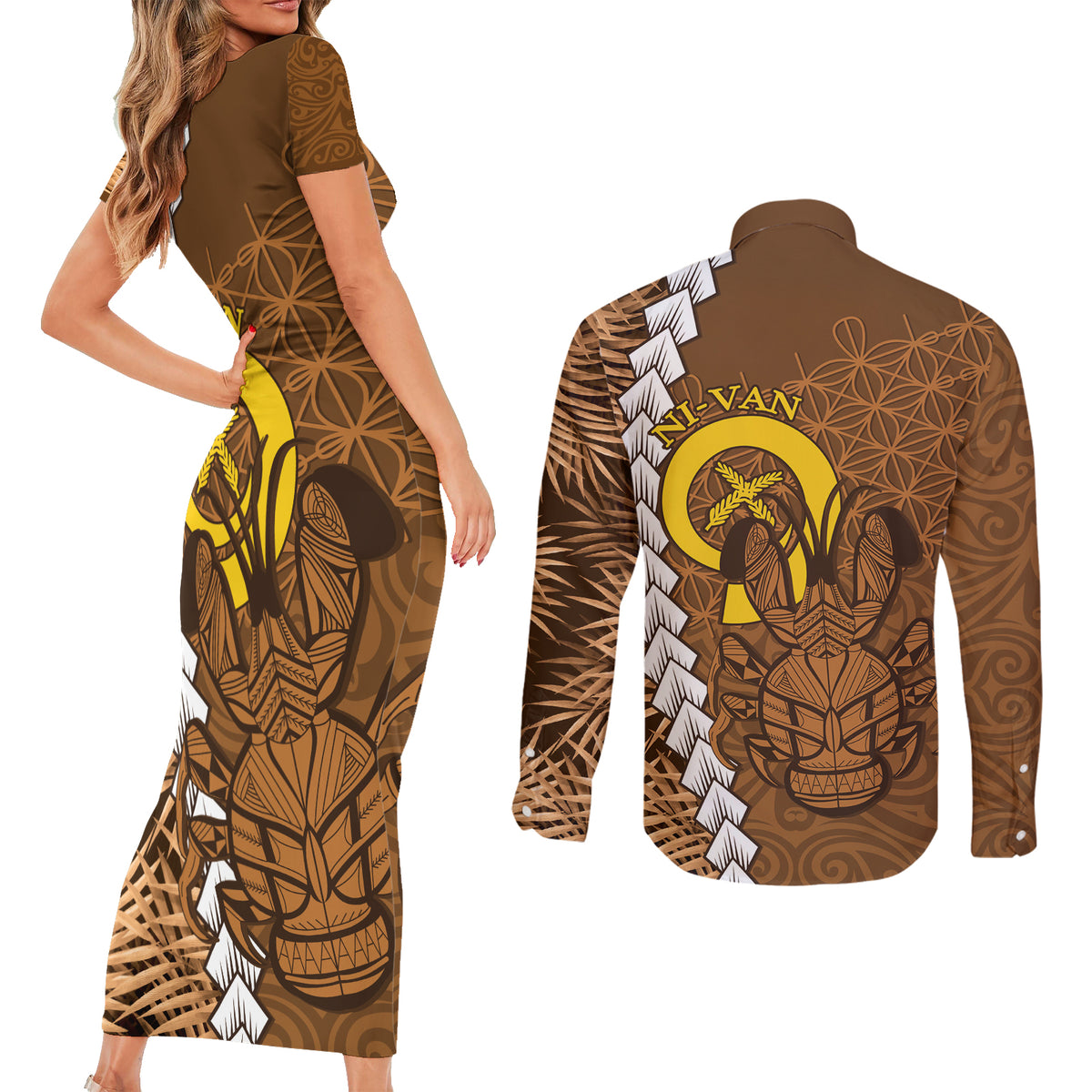 Vanuatu Coconut Crab Couples Matching Short Sleeve Bodycon Dress and Long Sleeve Button Shirt Ni-Van Tropical Leaves With Sand Drawing Art LT14 - Polynesian Pride
