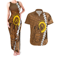 Vanuatu Coconut Crab Couples Matching Tank Maxi Dress and Hawaiian Shirt Ni-Van Tropical Leaves With Sand Drawing Art