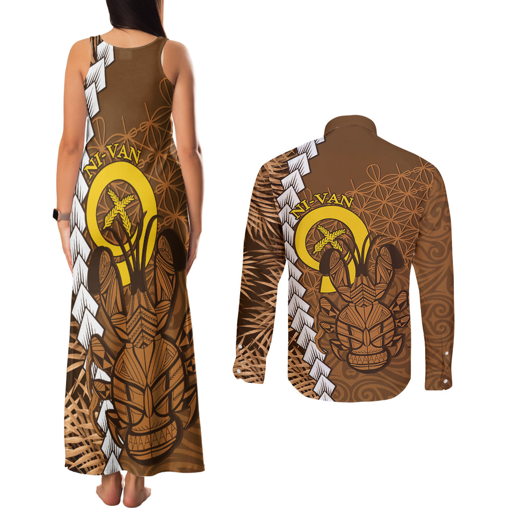 Vanuatu Coconut Crab Couples Matching Tank Maxi Dress and Long Sleeve Button Shirt Ni-Van Tropical Leaves With Sand Drawing Art LT14 - Polynesian Pride