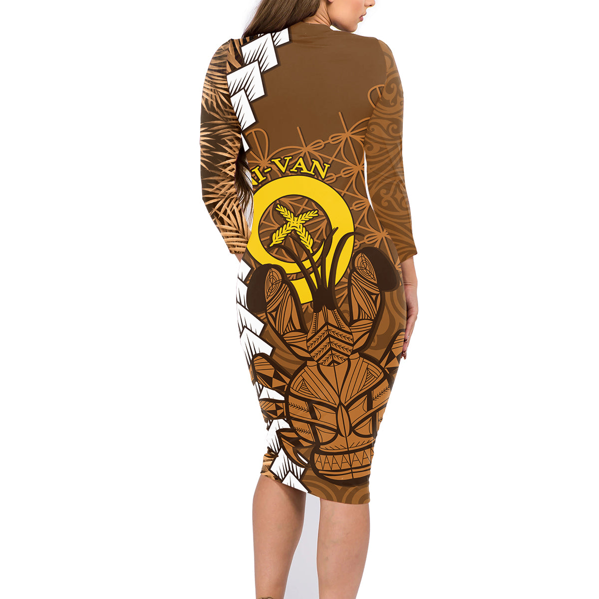Vanuatu Coconut Crab Family Matching Long Sleeve Bodycon Dress and Hawaiian Shirt Ni-Van Tropical Leaves With Sand Drawing Art
