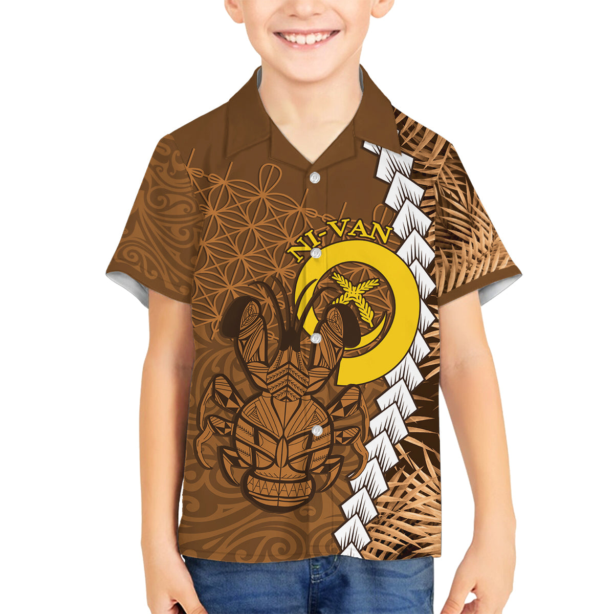 Vanuatu Coconut Crab Family Matching Long Sleeve Bodycon Dress and Hawaiian Shirt Ni-Van Tropical Leaves With Sand Drawing Art