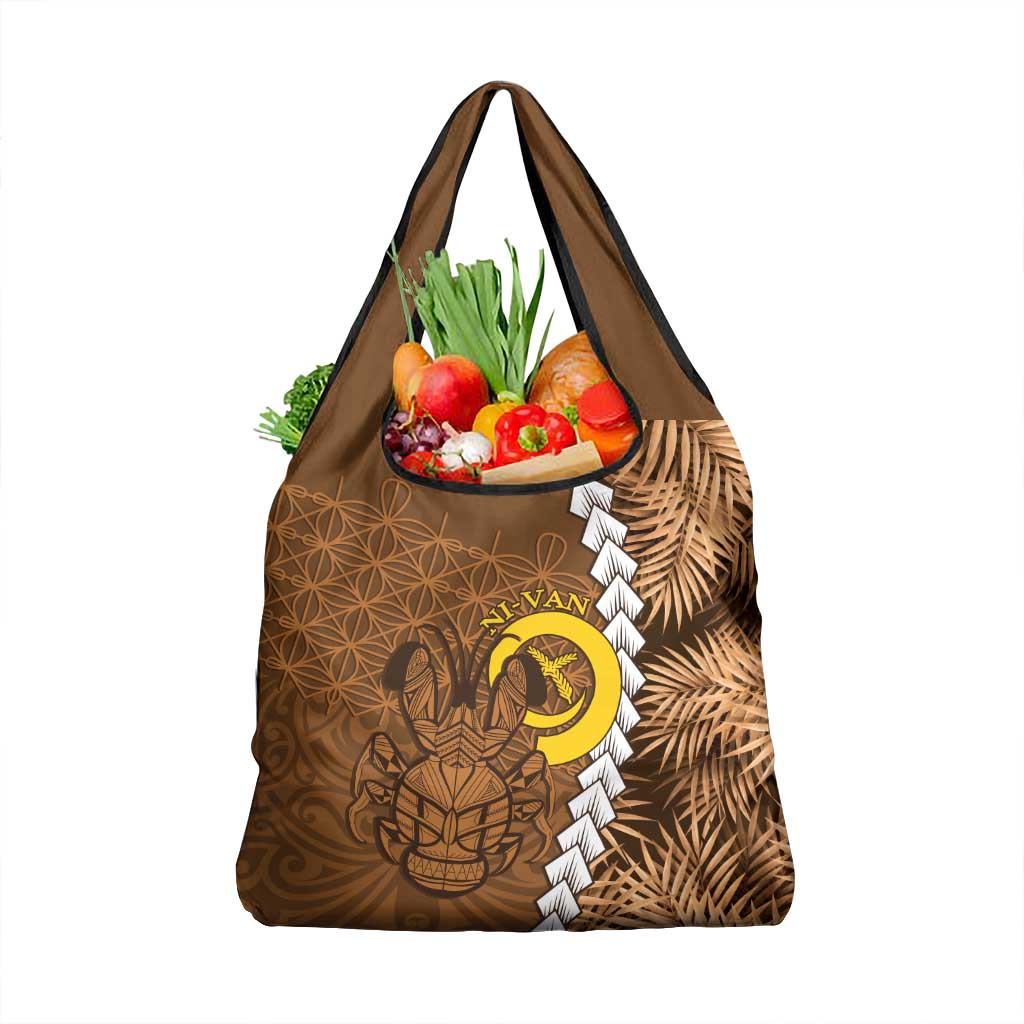 Vanuatu Coconut Crab Grocery Bag Ni-Van Tropical Leaves With Sand Drawing Art