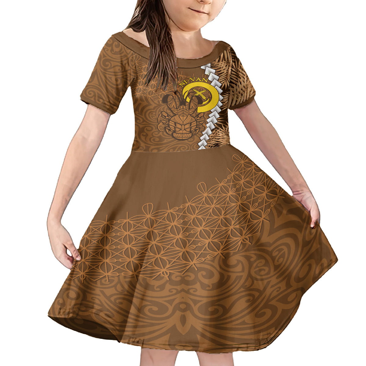 Vanuatu Coconut Crab Kid Short Sleeve Dress Ni-Van Tropical Leaves With Sand Drawing Art