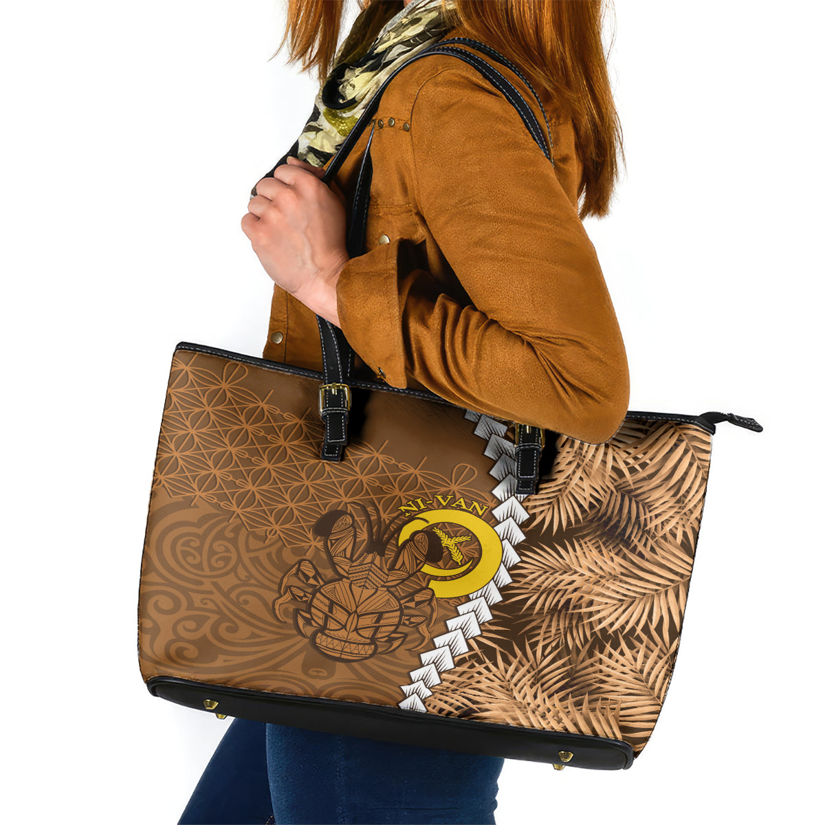 Vanuatu Coconut Crab Leather Tote Bag Ni-Van Tropical Leaves With Sand Drawing Art LT14 Brown - Polynesian Pride