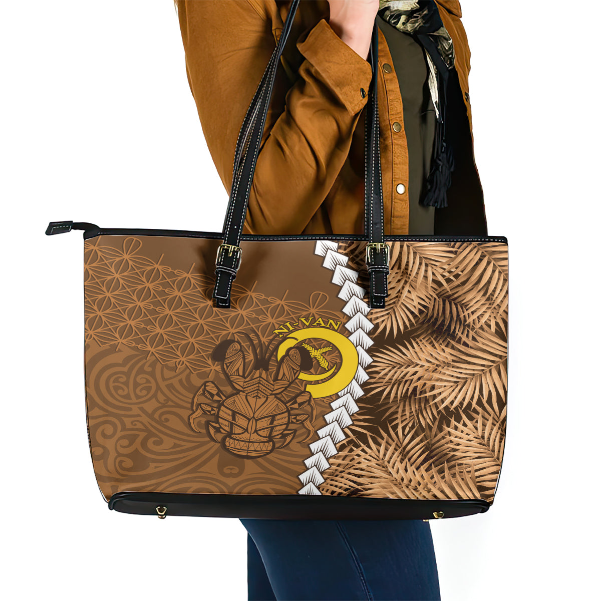 Vanuatu Coconut Crab Leather Tote Bag Ni-Van Tropical Leaves With Sand Drawing Art LT14 - Polynesian Pride