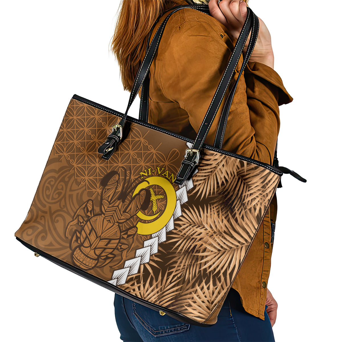 Vanuatu Coconut Crab Leather Tote Bag Ni-Van Tropical Leaves With Sand Drawing Art LT14 - Polynesian Pride