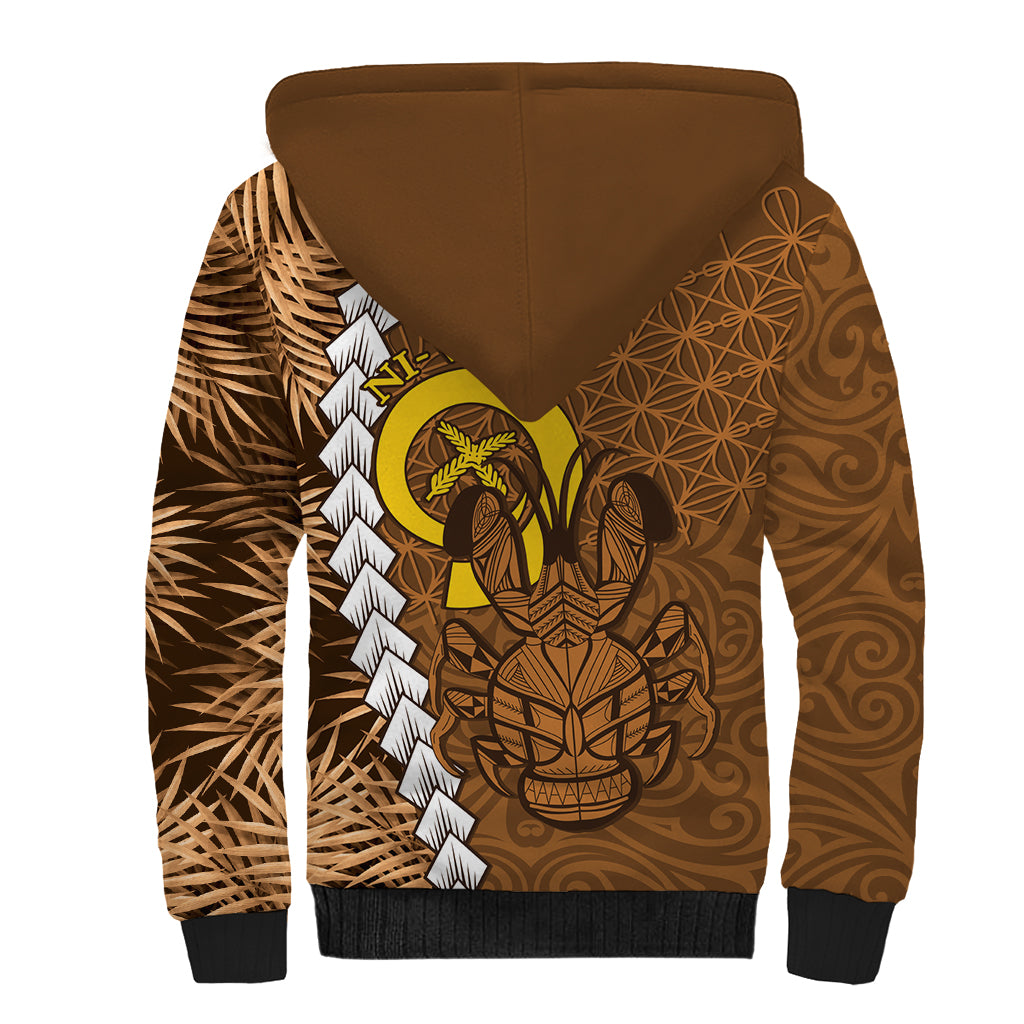 Vanuatu Coconut Crab Sherpa Hoodie Ni-Van Tropical Leaves With Sand Drawing Art