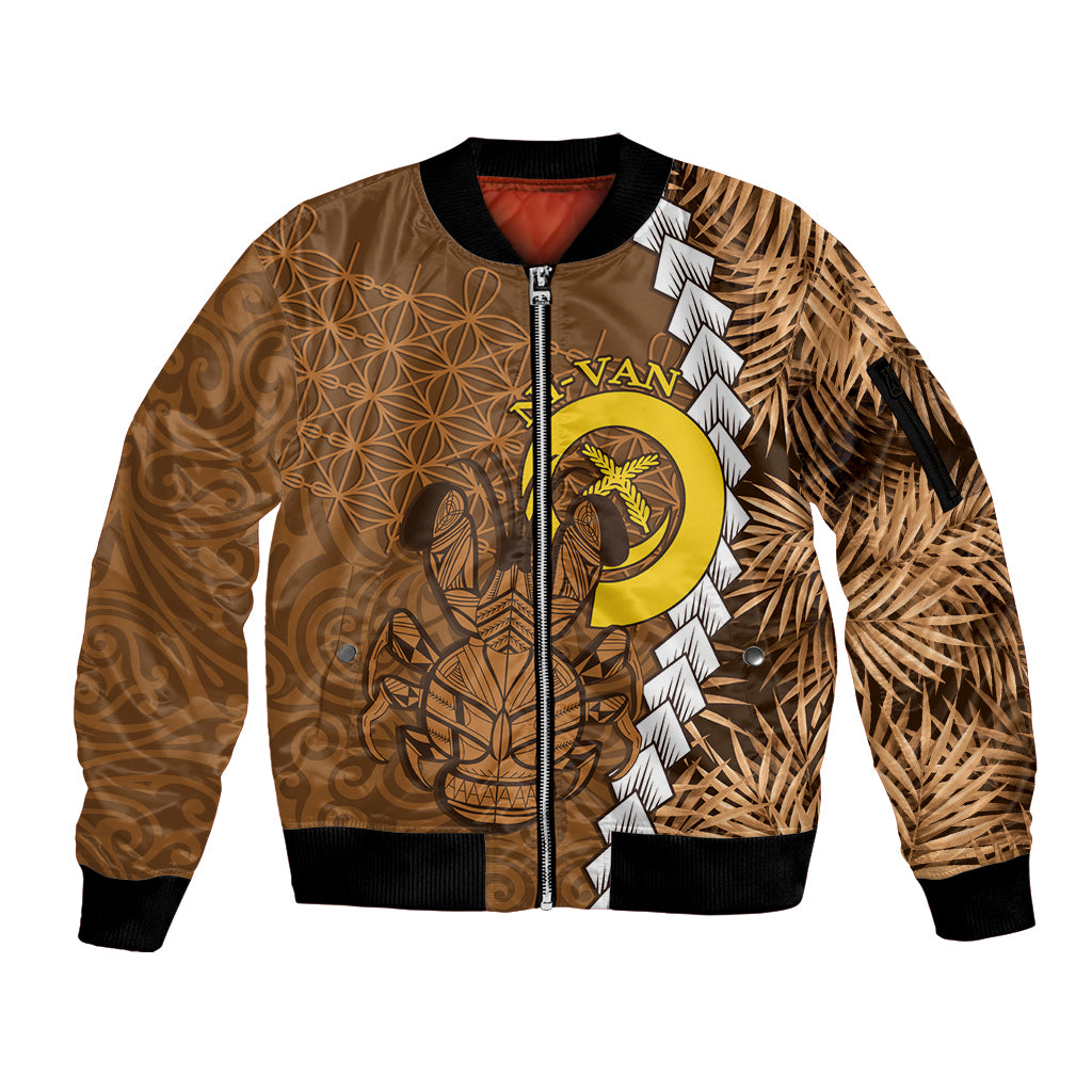 Vanuatu Coconut Crab Sleeve Zip Bomber Jacket Ni-Van Tropical Leaves With Sand Drawing Art