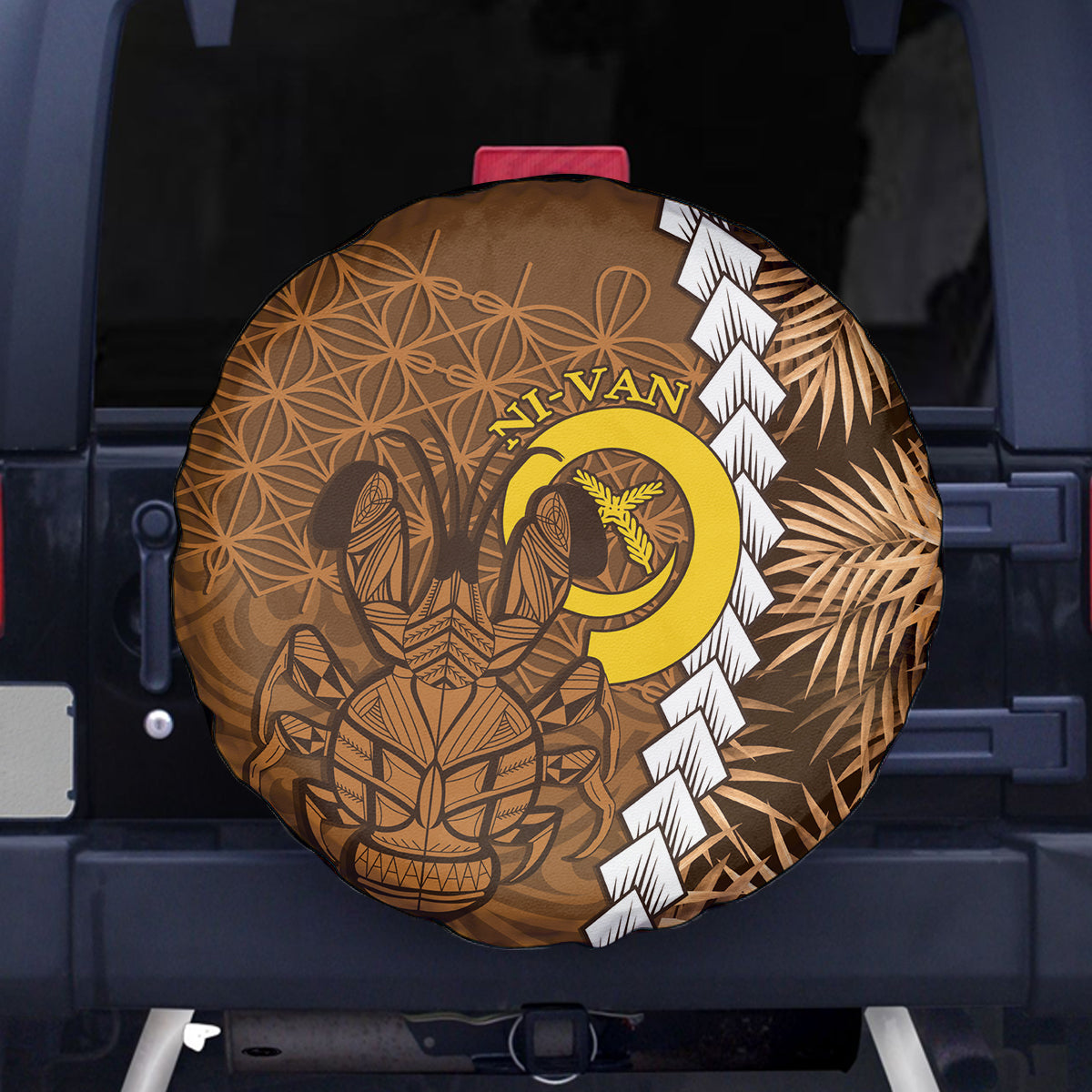 Vanuatu Coconut Crab Spare Tire Cover Ni-Van Tropical Leaves With Sand Drawing Art