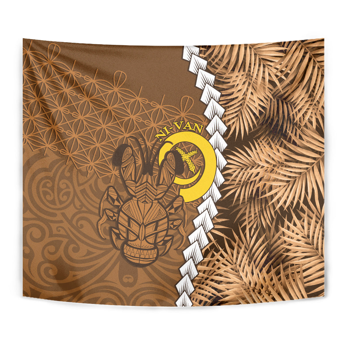 Vanuatu Coconut Crab Tapestry Ni-Van Tropical Leaves With Sand Drawing Art