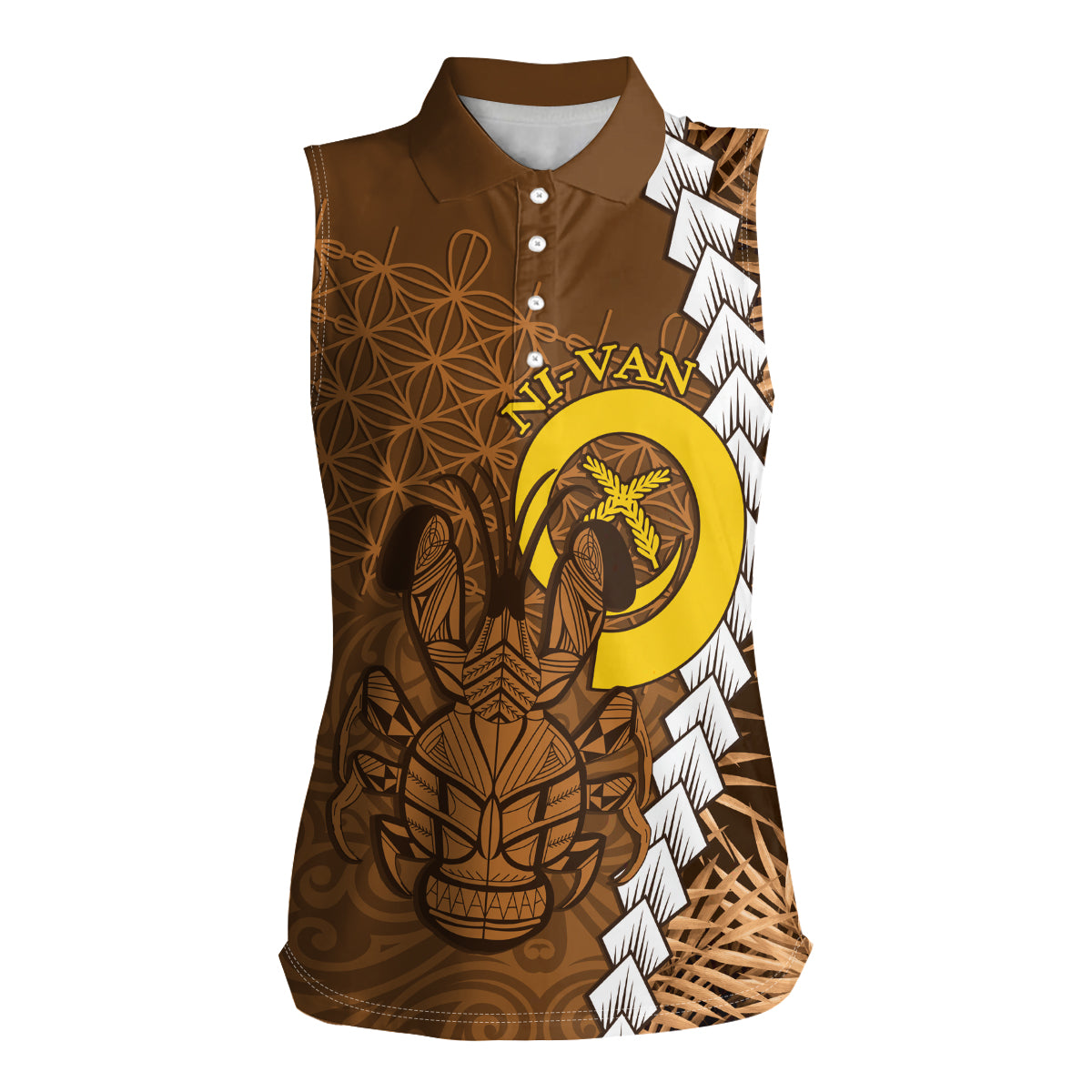 Vanuatu Coconut Crab Women Sleeveless Polo Shirt Ni-Van Tropical Leaves With Sand Drawing Art LT14 Female Brown - Polynesian Pride