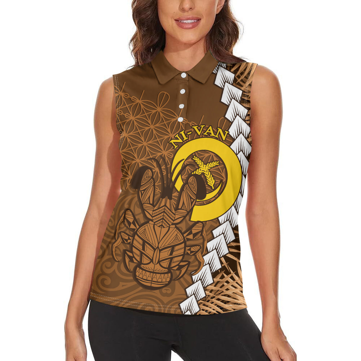 Vanuatu Coconut Crab Women Sleeveless Polo Shirt Ni-Van Tropical Leaves With Sand Drawing Art LT14 - Polynesian Pride