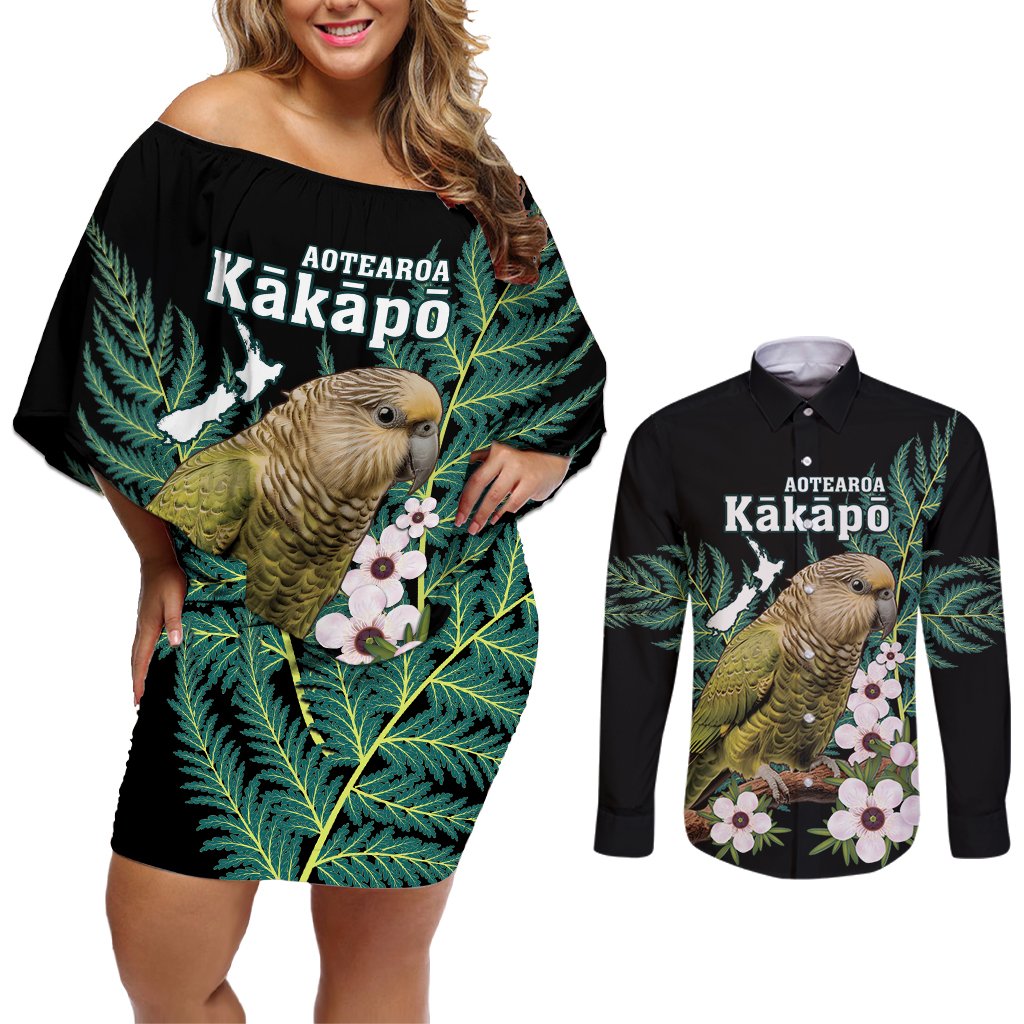 Personalised New Zealand Kakapo Couples Matching Off Shoulder Short Dress and Long Sleeve Button Shirt Aotearoa Fern With Manuka