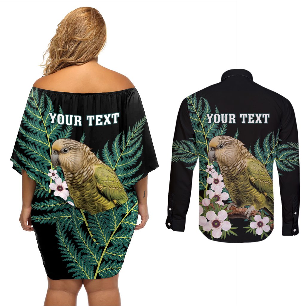 Personalised New Zealand Kakapo Couples Matching Off Shoulder Short Dress and Long Sleeve Button Shirt Aotearoa Fern With Manuka