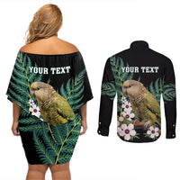 Personalised New Zealand Kakapo Couples Matching Off Shoulder Short Dress and Long Sleeve Button Shirt Aotearoa Fern With Manuka