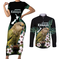 Personalised New Zealand Kakapo Couples Matching Short Sleeve Bodycon Dress and Long Sleeve Button Shirt Aotearoa Fern With Manuka LT14 Black - Polynesian Pride