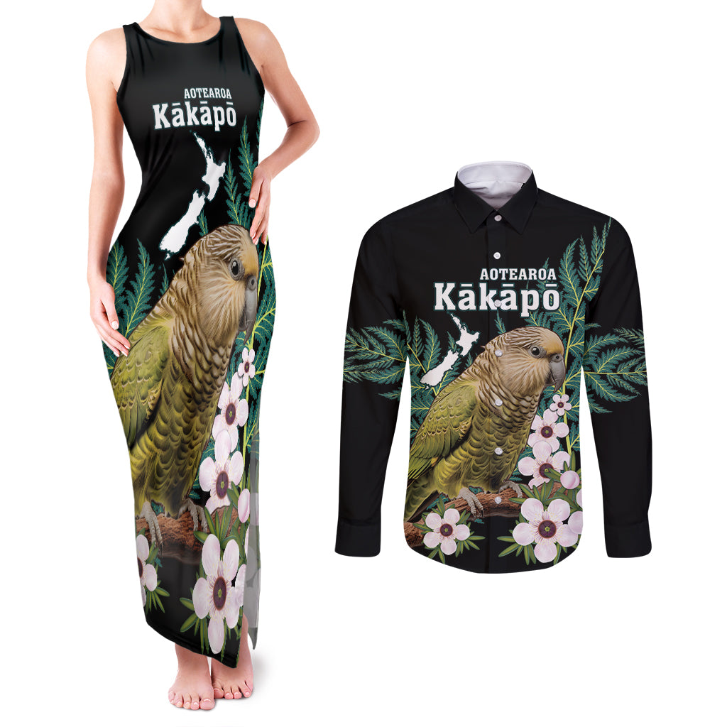 Personalised New Zealand Kakapo Couples Matching Tank Maxi Dress and Long Sleeve Button Shirt Aotearoa Fern With Manuka