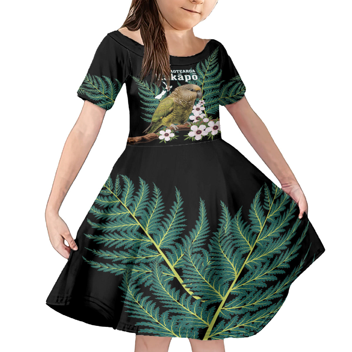 Personalised New Zealand Kakapo Family Matching Off Shoulder Maxi Dress and Hawaiian Shirt Aotearoa Fern With Manuka LT14 Daughter's Dress Black - Polynesian Pride