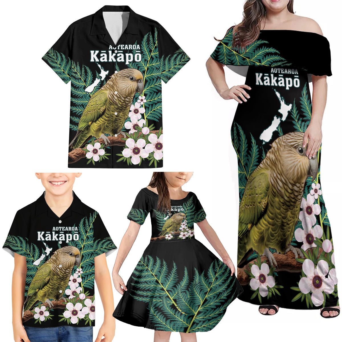 Personalised New Zealand Kakapo Family Matching Off Shoulder Maxi Dress and Hawaiian Shirt Aotearoa Fern With Manuka LT14 - Polynesian Pride