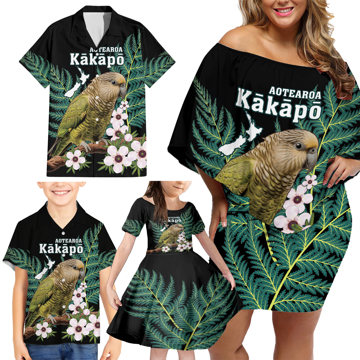 Personalised New Zealand Kakapo Family Matching Off Shoulder Short Dress and Hawaiian Shirt Aotearoa Fern With Manuka LT14 - Polynesian Pride