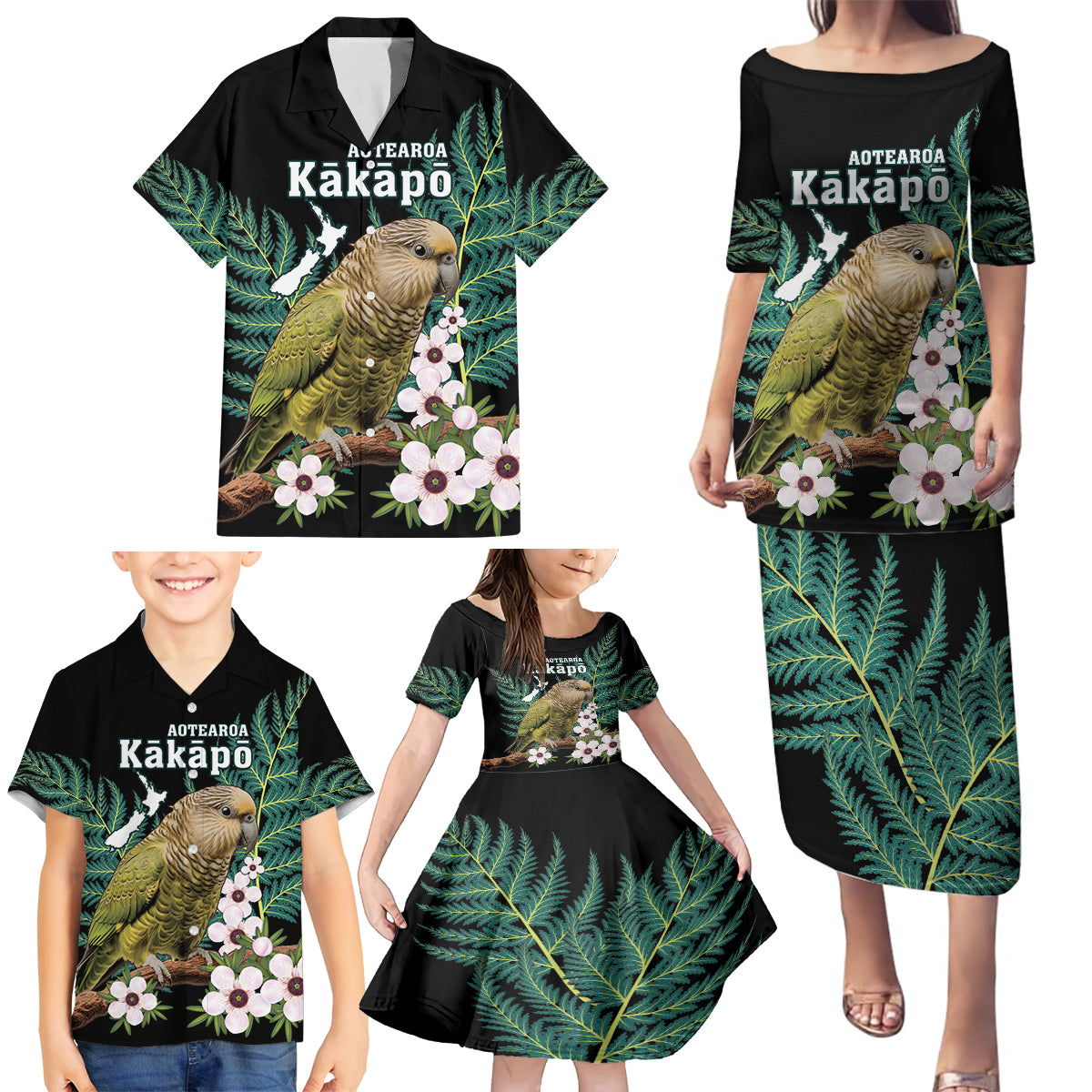 Personalised New Zealand Kakapo Family Matching Puletasi and Hawaiian Shirt Aotearoa Fern With Manuka LT14 - Polynesian Pride