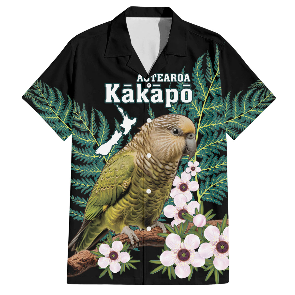 Personalised New Zealand Kakapo Family Matching Short Sleeve Bodycon Dress and Hawaiian Shirt Aotearoa Fern With Manuka LT14 Dad's Shirt - Short Sleeve Black - Polynesian Pride