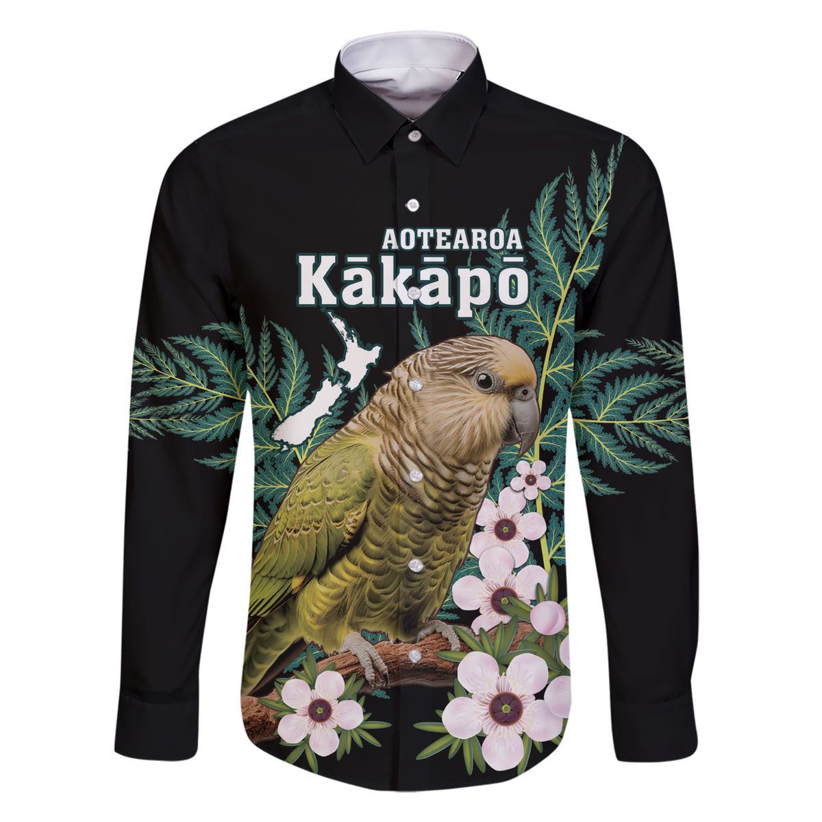 Personalised New Zealand Kakapo Family Matching Short Sleeve Bodycon Dress and Hawaiian Shirt Aotearoa Fern With Manuka LT14 Dad's Shirt - Long Sleeve Black - Polynesian Pride