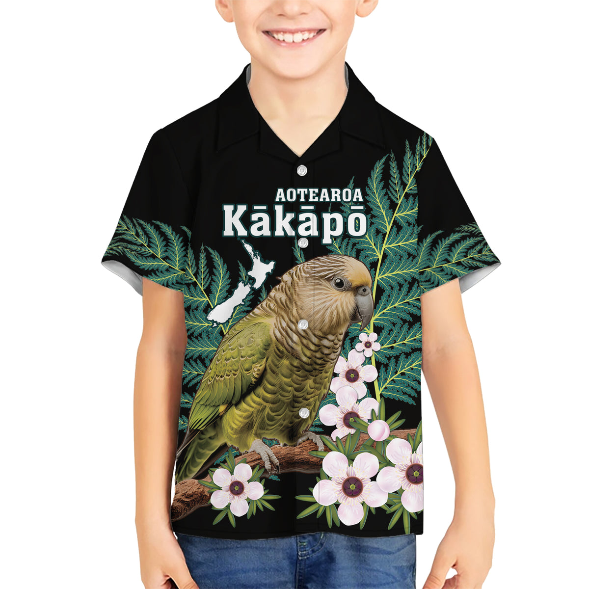 Personalised New Zealand Kakapo Family Matching Short Sleeve Bodycon Dress and Hawaiian Shirt Aotearoa Fern With Manuka LT14 Son's Shirt Black - Polynesian Pride