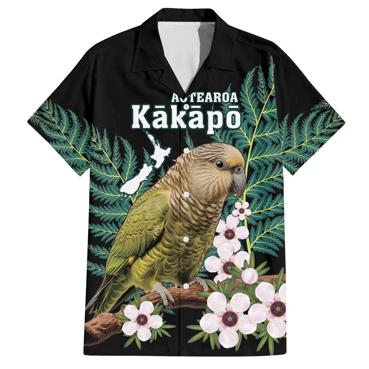 Personalised New Zealand Kakapo Family Matching Tank Maxi Dress and Hawaiian Shirt Aotearoa Fern With Manuka LT14 Dad's Shirt - Short Sleeve Black - Polynesian Pride