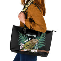 Personalised New Zealand Kakapo Leather Tote Bag Aotearoa Fern With Manuka LT14 Black - Polynesian Pride