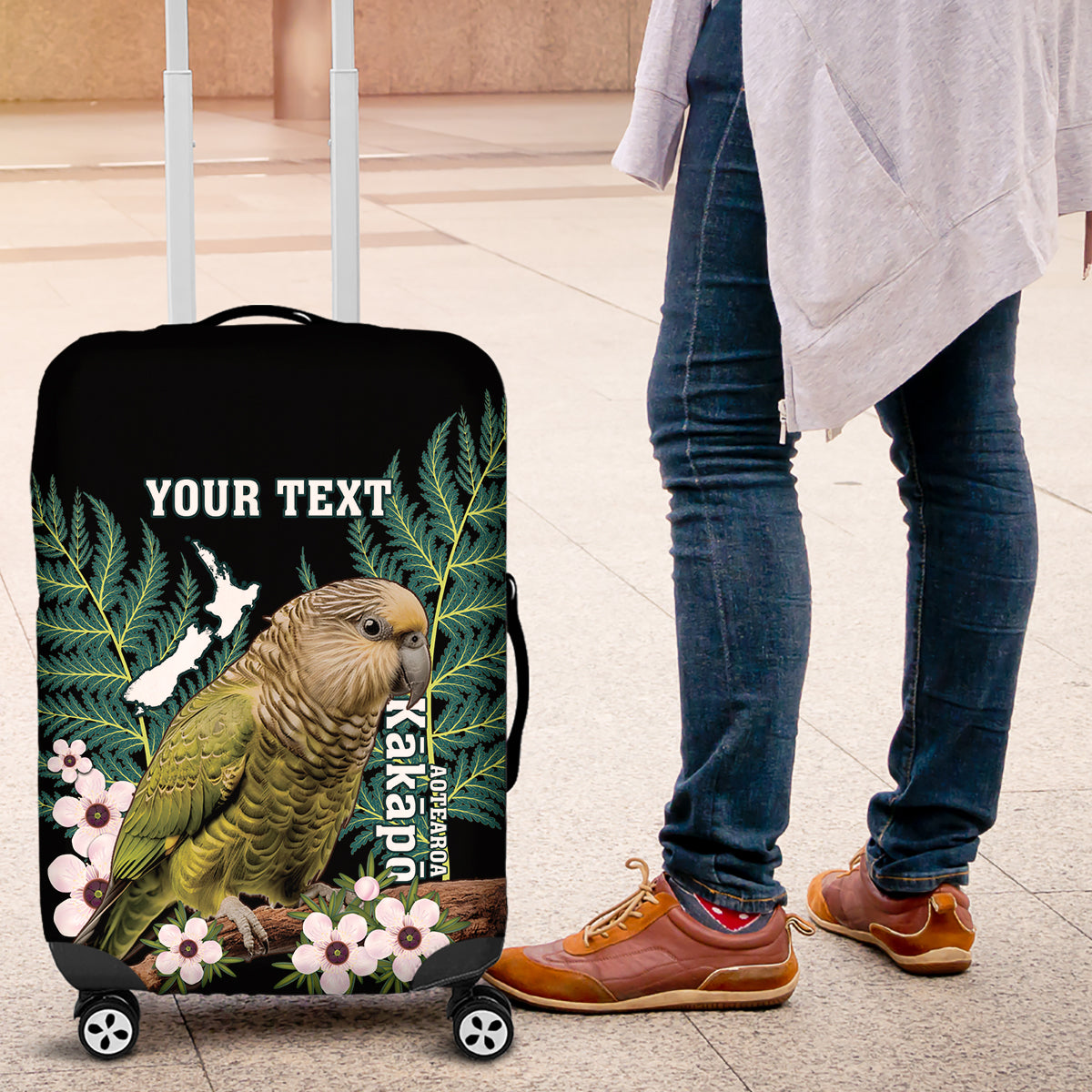 Personalised New Zealand Kakapo Luggage Cover Aotearoa Fern With Manuka