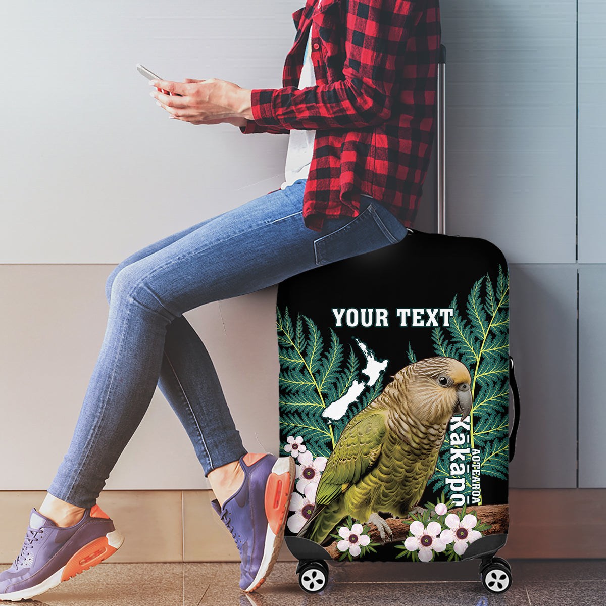 Personalised New Zealand Kakapo Luggage Cover Aotearoa Fern With Manuka
