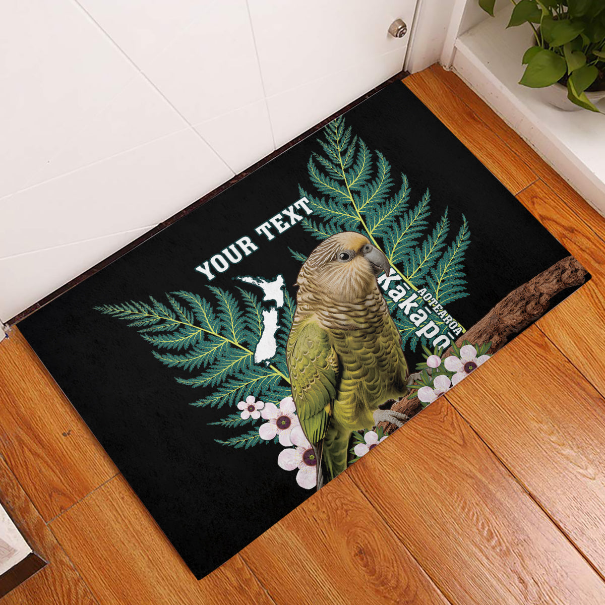 Personalised New Zealand Kakapo Rubber Doormat Aotearoa Fern With Manuka