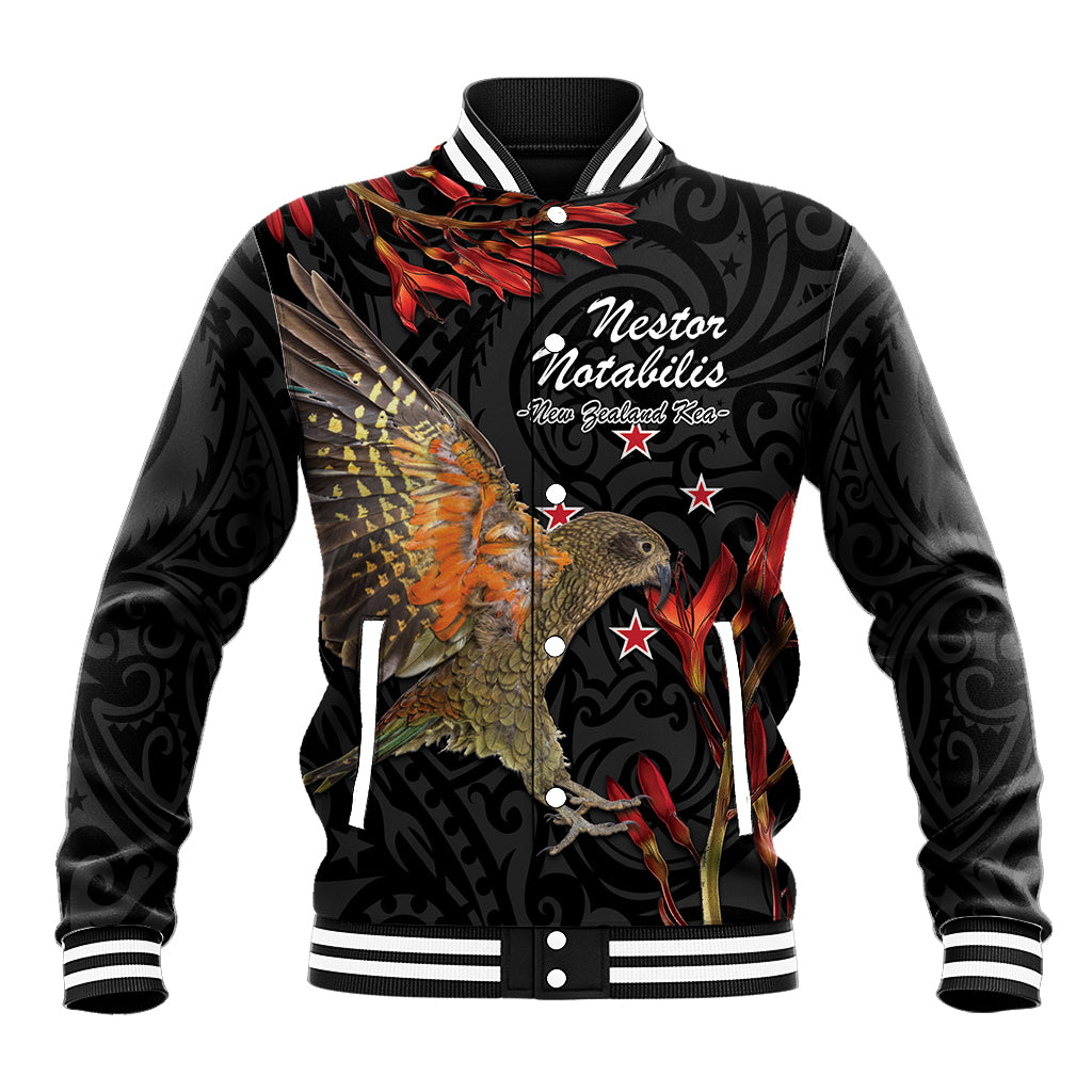 Personalised New Zealand Kea Baseball Jacket Nestor Notabilis With Harakeke Maori Pattern LT14 Unisex Black - Polynesian Pride