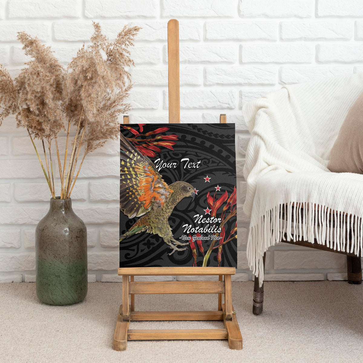 Personalised New Zealand Kea Canvas Wall Art Nestor Notabilis With Harakeke Maori Pattern