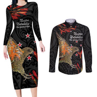 Personalised New Zealand Kea Couples Matching Long Sleeve Bodycon Dress and Long Sleeve Button Shirt Nestor Notabilis With Harakeke Maori Pattern LT14 Black - Polynesian Pride