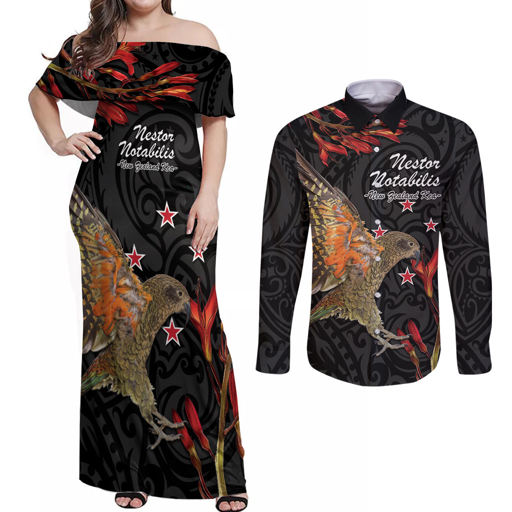 Personalised New Zealand Kea Couples Matching Off Shoulder Maxi Dress and Long Sleeve Button Shirt Nestor Notabilis With Harakeke Maori Pattern