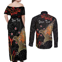 Personalised New Zealand Kea Couples Matching Off Shoulder Maxi Dress and Long Sleeve Button Shirt Nestor Notabilis With Harakeke Maori Pattern LT14 - Polynesian Pride