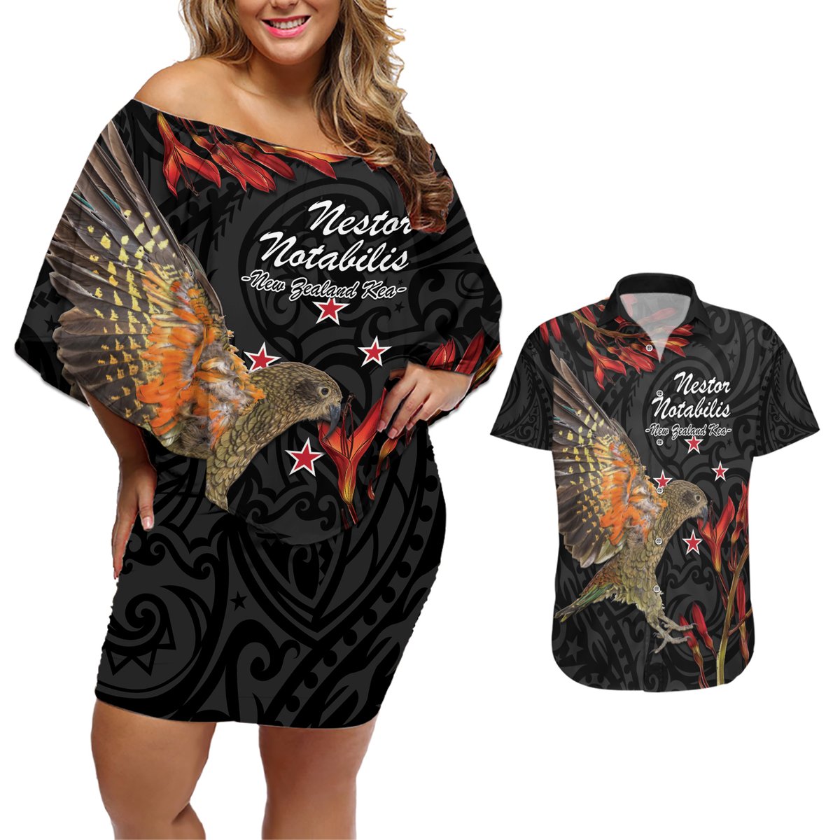 Personalised New Zealand Kea Couples Matching Off Shoulder Short Dress and Hawaiian Shirt Nestor Notabilis With Harakeke Maori Pattern LT14 Black - Polynesian Pride