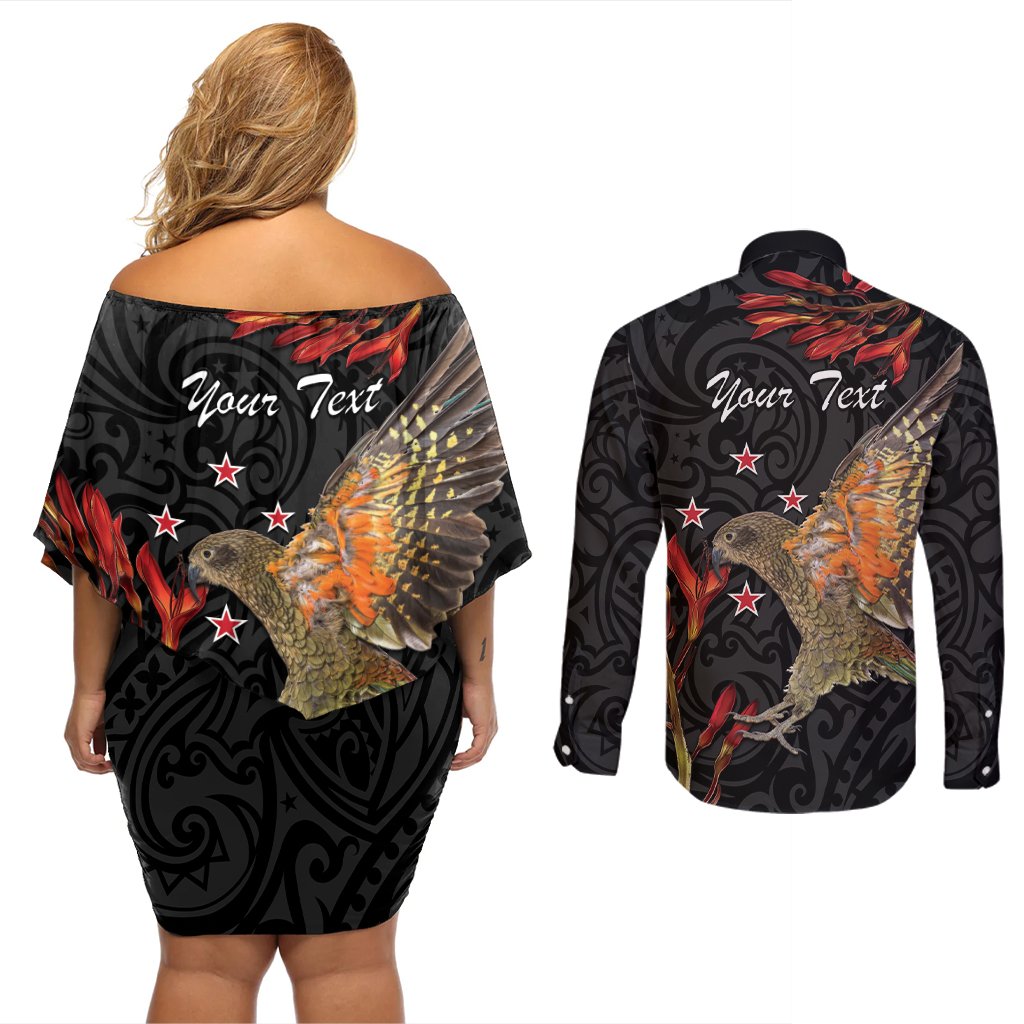 Personalised New Zealand Kea Couples Matching Off Shoulder Short Dress and Long Sleeve Button Shirt Nestor Notabilis With Harakeke Maori Pattern LT14 - Polynesian Pride