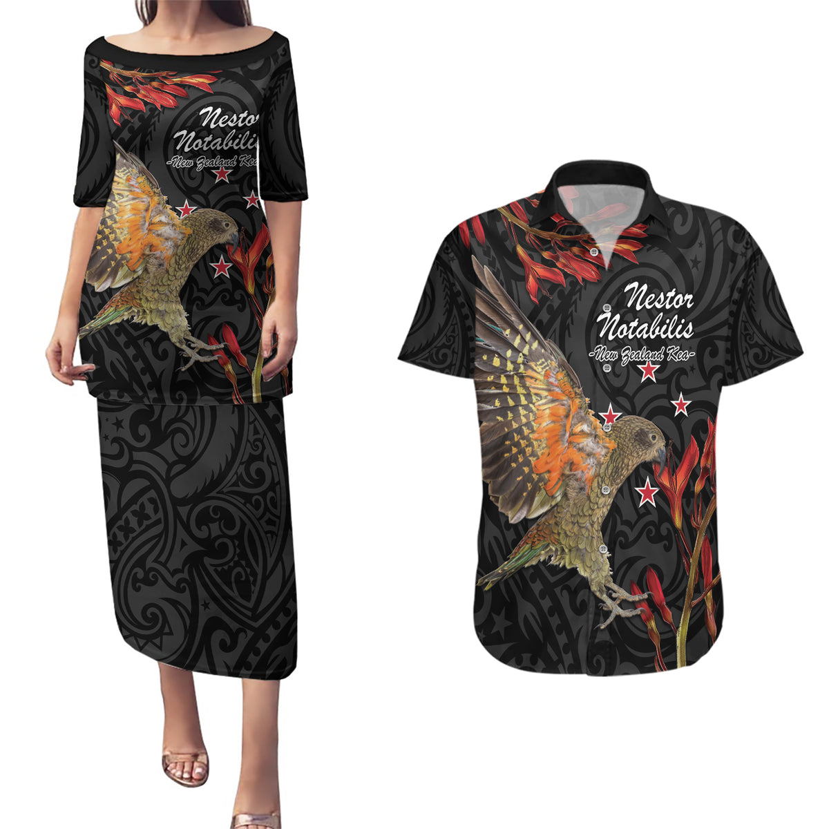 Personalised New Zealand Kea Couples Matching Puletasi and Hawaiian Shirt Nestor Notabilis With Harakeke Maori Pattern LT14 Black - Polynesian Pride