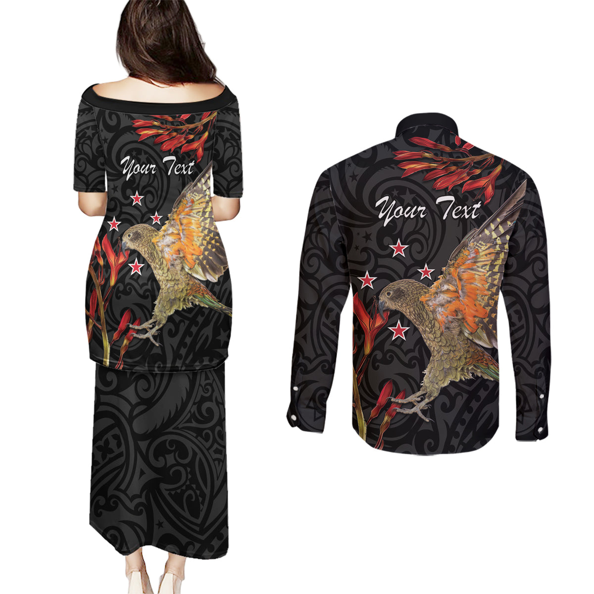 Personalised New Zealand Kea Couples Matching Puletasi and Long Sleeve Button Shirt Nestor Notabilis With Harakeke Maori Pattern LT14 - Polynesian Pride