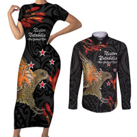 Personalised New Zealand Kea Couples Matching Short Sleeve Bodycon Dress and Long Sleeve Button Shirt Nestor Notabilis With Harakeke Maori Pattern LT14 Black - Polynesian Pride