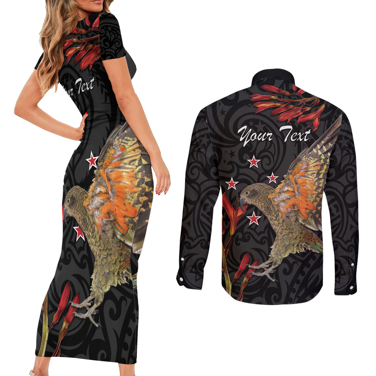 Personalised New Zealand Kea Couples Matching Short Sleeve Bodycon Dress and Long Sleeve Button Shirt Nestor Notabilis With Harakeke Maori Pattern LT14 - Polynesian Pride