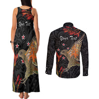 Personalised New Zealand Kea Couples Matching Tank Maxi Dress and Long Sleeve Button Shirt Nestor Notabilis With Harakeke Maori Pattern LT14 - Polynesian Pride
