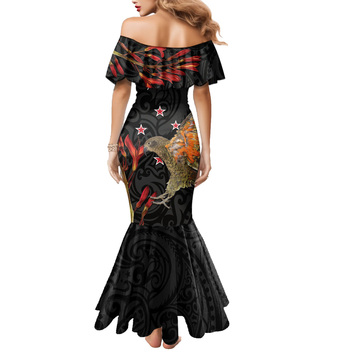 Personalised New Zealand Kea Family Matching Mermaid Dress and Hawaiian Shirt Nestor Notabilis With Harakeke Maori Pattern LT14 - Polynesian Pride