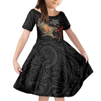 Personalised New Zealand Kea Family Matching Off Shoulder Short Dress and Hawaiian Shirt Nestor Notabilis With Harakeke Maori Pattern LT14 Daughter's Dress Black - Polynesian Pride