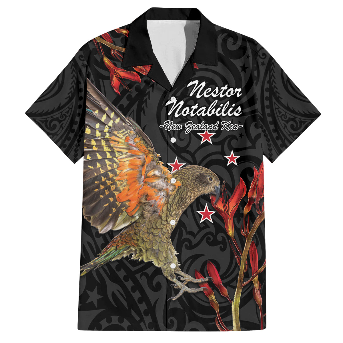 Personalised New Zealand Kea Family Matching Off Shoulder Short Dress and Hawaiian Shirt Nestor Notabilis With Harakeke Maori Pattern LT14 Dad's Shirt - Short Sleeve Black - Polynesian Pride