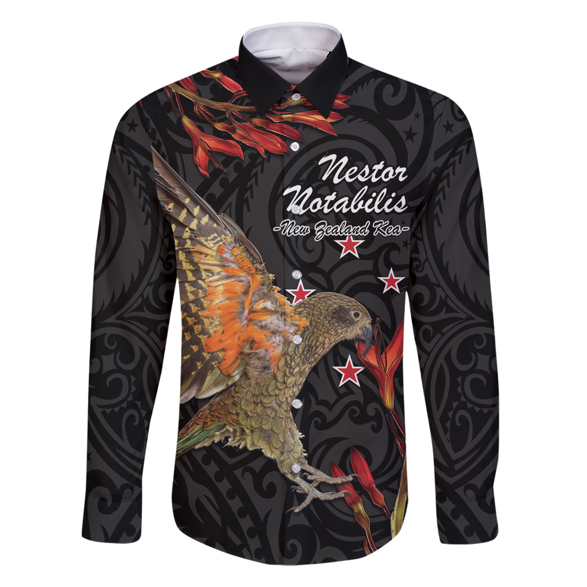 Personalised New Zealand Kea Family Matching Off Shoulder Short Dress and Hawaiian Shirt Nestor Notabilis With Harakeke Maori Pattern LT14 Dad's Shirt - Long Sleeve Black - Polynesian Pride